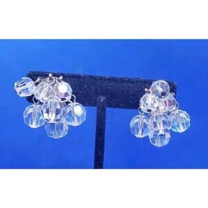 Vintage Earrings Clip Clear Faceted AB Crystal Dangle 1950 Fancy cha Cha Moves